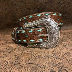 Brown And Turquoise Tooled Leather Kids Belt 1 Brown And Turquoise Tooled Leather Kids Belt